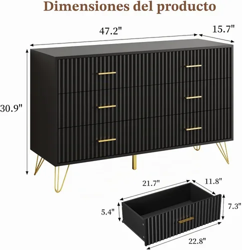 Vista 2 de JOZZBY Cómoda acanalada para dormitorio, cómoda negra de 6 cajones con asas doradas, cómodas de almacenamiento modernas y cómodas para pasillo