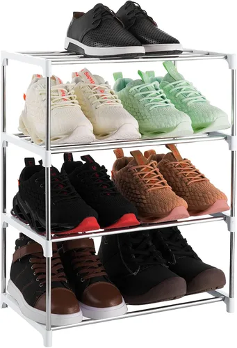 Vista 15 de Estante de zapatos pequeño apilable de 3 niveles, organizador de almacenamiento ligero para entrada, pasillo y armario (negro)