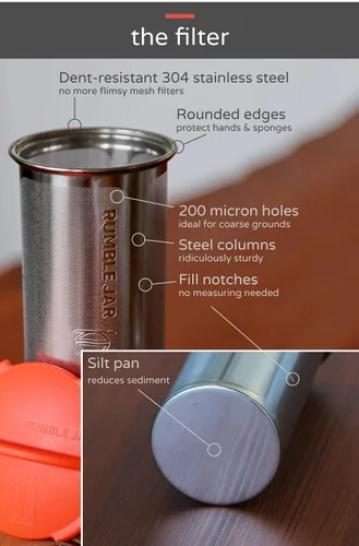 Vista 5 de Rumble Jar - Cafetera fría de próxima generación para tarros Mason - El filtro de 200 micrones es ideal para granos gruesos y café más fuerte