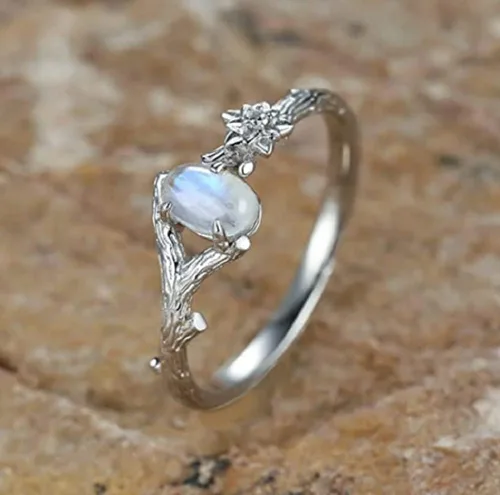 Vista 3 de HUKQBUNX - Anillo de plata de ley 925 con piedra lunar natural, rama femenina, flor y dama, anillo de compromiso brillante para boda, fiesta