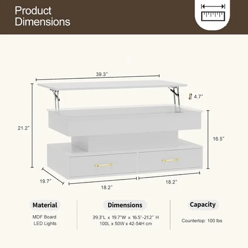 Vista 2 de IKIFLY Moderna mesa de centro LED elevable, alto brillo con compartimento oculto y 2 cajones, parte superior elevadora para sala de estar