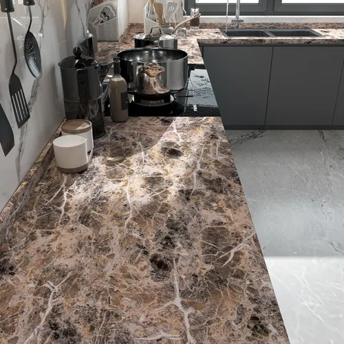 Vista 3 de BAYYA Papel de contacto de mármol marrón de 118x16 pulgadas, papel pintado despegar y pegar para gabinetes de cocina, adhesivo de granito