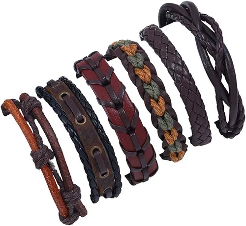 Vista 3 de Juego de joyas de oro rosa, pulsera de cuero, joyería tejida a mano, pulseras trenzadas de múltiples capas (negro, talla única)