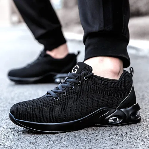 Vista 6 de Tinefiy Zapatos de punta de acero para hombres y mujeres, ligeros, con amortiguación de aire, zapatillas de seguridad antideslizantes
