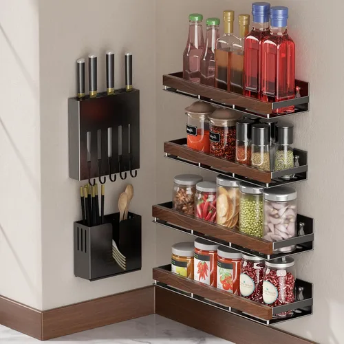 Vista 5 de Organizador magnético de especias de nogal para refrigerador, soporte de pared, estante de especias magnético para refrigerador, organizador