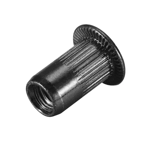 Vista 6 de uxcell Tuercas de remache M4 de acero al carbono chapadas en zinc moleteado cabeza plana roscada tuerca de inserción negra 100 piezas