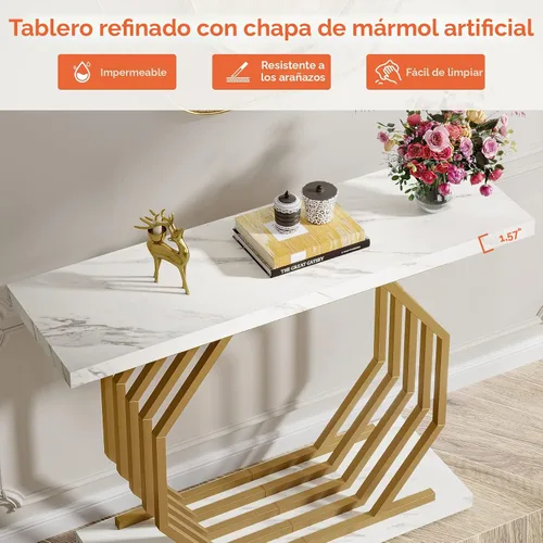 Vista 6 de Tribesigns Mesa Consola Dorada, Mesa de Entrada Estrecha de Mármol Sintético con Base de Metal Geométrica, Mesa de Acento Moderna de 40 Pulgadas