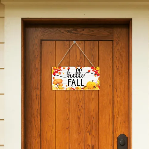 Vista 4 de Letrero decorativo con texto en inglés "Hello Fall", decoración de madera de otoño de 11.9 x 6 pulgadas, colgante de pared rústico de otoño