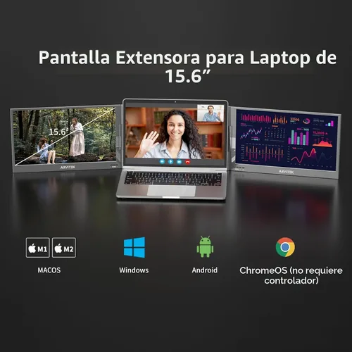 Vista 4 de Monitor triple de 15.6 pulgadas para laptop, extensor de pantalla portátil USB-C 1080P con soporte ajustable para laptop de 11 a 16 pulgadas