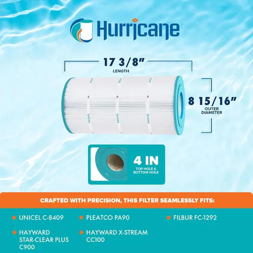 Vista 3 de Hurricane Filtros HF8409-01 Cartucho de filtro avanzado para piscina - Reemplazo para PA90, Unicel C-8409, Filbur FC-1292