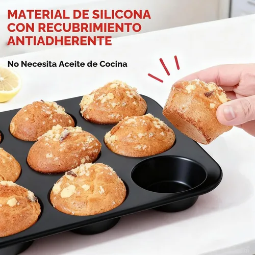 Vista 5 de Molde de silicona para muffins para hornear: Molde para muffins de 12 cavidades con marco reforzado de metal, moldes de tamaño regular para cupcakes