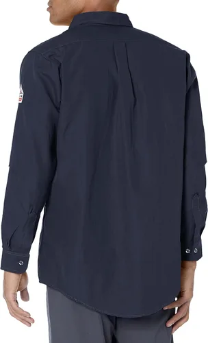 Vista 3 de Bulwark - Camisa de uniforme Nomex IIIA resistente al fuego, de 4.5 onzas, con manga a medida, Azul Patchwork