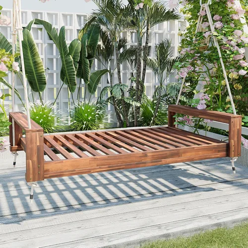 Vista 6 de Twin Size Porch Swing Bed Seating Group, Patio Acacia Wood Swing Frame with Hemp Ropes for Garden, Backyard, Yard, Lawn, Tree (Black-QN01)