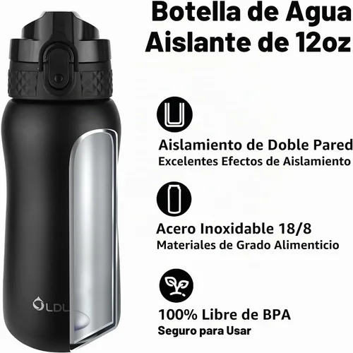 Vista 4 de Botella de agua aislada Oldley de 12 oz con pajita, botella de agua de acero inoxidable con 2 tapas, botellas de doble pared con vacío para adultos