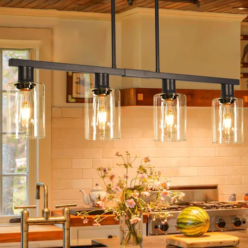 Vista 20 de Iluminación de isla de cocina de 4 luces, lámpara cromada para comedor, luz de isla para colgar sobre la mesa para candelabros lineales de granja