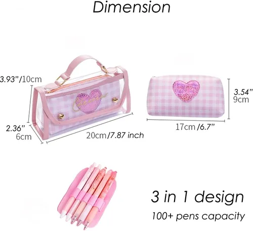 Vista 3 de Estuche para lápices con diseño de corazón transparente con diseño de cerezas, material estético kawaii, papelería (cereza rosa)