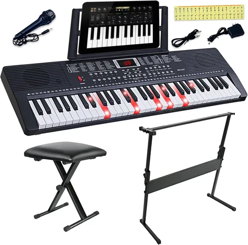 Vista 7 de Piano de teclado de 61 teclas para principiantes con teclas iluminadas y modos de enseñanza profesional, incluye soporte, banco, micrófono, soporte