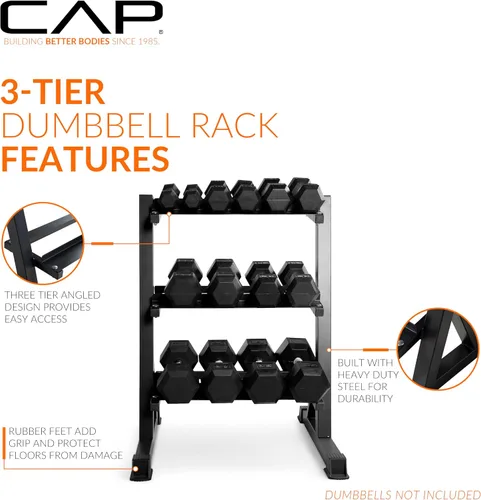 Vista 3 de CAP 280 LB, 550 LB, 1200 LB Dumbbell Set with Horizontal 2-3 Tier Rack, Rubber Hex Free Weights, Home Gym Weight Set for Strength Training