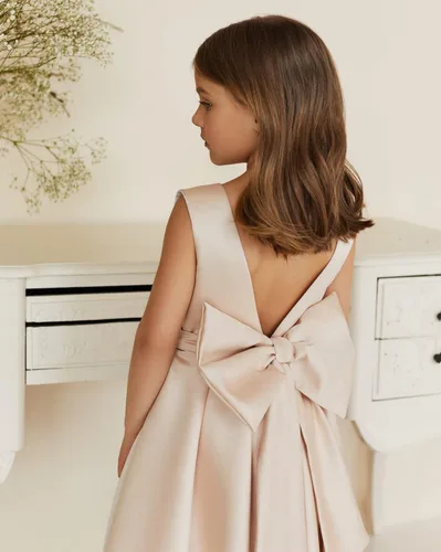Vista 2 de MCieloLuna Vestidos de niña de flores para boda con nudo de lazo elegante de satén para primera comunión