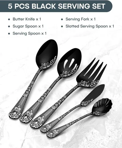 Vista 2 de EUIRIO Juego de 5 utensilios de servir, incluye cuchara grande para servir ranurada, tenedor, cuchara de azúcar y cuchillo de mantequilla, juego