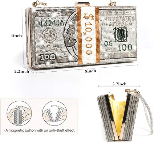 Vista 2 de Monedero con diamantes de imitación de dólar estadounidense, bolso de noche para bodas, cenas, monederos con diademas de cristal