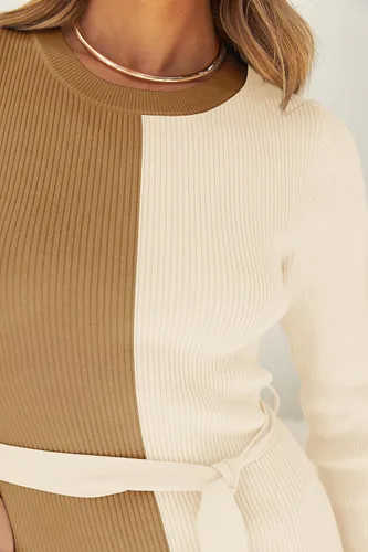 Vista 9 de ZESICA Vestido de punto acanalado para mujer, elegante vestido de manga larga con cuello redondo y lazo en la cintura ajustado ajustado