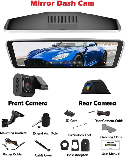 Vista 7 de NikoMaku Cámara de espejo retrovisor original real con lente frontal separada, cámara de tablero de espejo de 10 pulgadas, pantalla táctil completa
