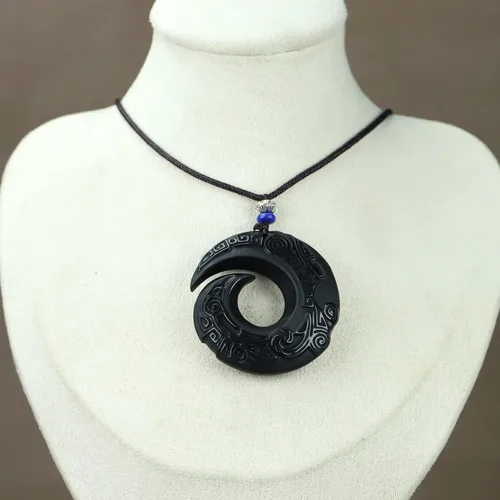 Vista 8 de caiyufeng Natural Boutique - Colgante de obsidiana de la suerte con cadena de cuentas joyería para hombre colgante de jade color negro Madera