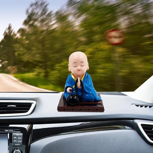 Vista 4 de Gralara Figura de pequeño monje, juguetes solares bailando muñecas con cabeza agitada, adorno de coche de estatua de monjes de Buda, juguete