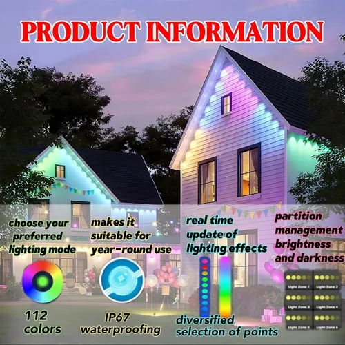 Vista 4 de Luces RGB Permanentes para Exteriores, Luces LED Inteligentes Impermeables para Aleros con Control de Aplicación/Remoto, Impermeables IP67 para DIY