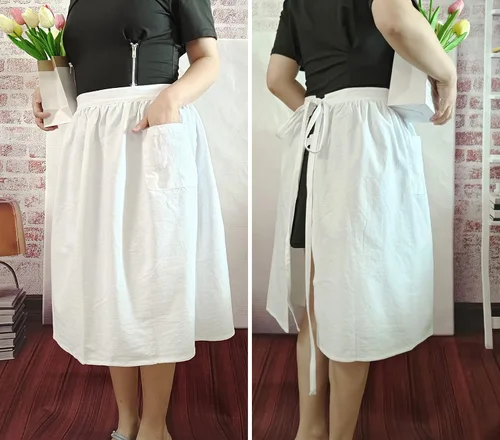 Vista 6 de Delantales unisex de chef blancos retro de algodón de 2 bolsillos, cintura camarera y camarera, Blanco