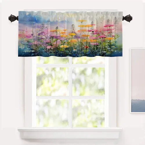 Vista 23 de Shrahala Floral Abstract Design Blackout Curtain Tiers, Minimalist Flower Illustration Kitchen Valance Light Blocking Tier Drapes with Rod Pocket, 2