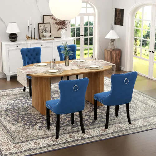Vista 45 de Juego de mesa de comedor ovalada extensible con 4 sillas tapizadas de terciopelo de alta gama, mesa de cocina de 59 a 91 pulgadas y sillas