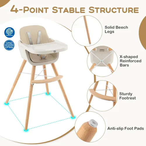 Vista 5 de BABY JOY Trona convertible para bebé, 3 en 1, silla alta de madera/asiento elevador/silla con bandeja extraíble, patas ajustables, arnés de 5 Beige