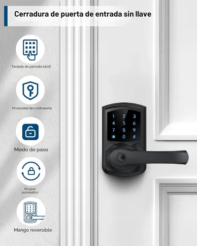 Vista 2 de Cerradura de puerta de entrada sin llave con manija Cerraduras electrónicas Negro mate