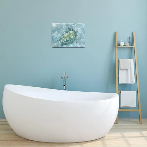 Vista 5 de YJYart Decoración de pared de baño, diseño de tortuga marina HD en lienzo, arte de pared para dormitorio, cocina, decoración de habitación costera
