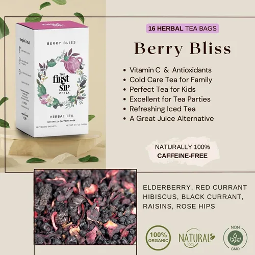 Vista 4 de The Spice Hut Berry Bliss Caja de té de hierbas, 16 bolsas de té, el primer sorbo de té (SHBX103)