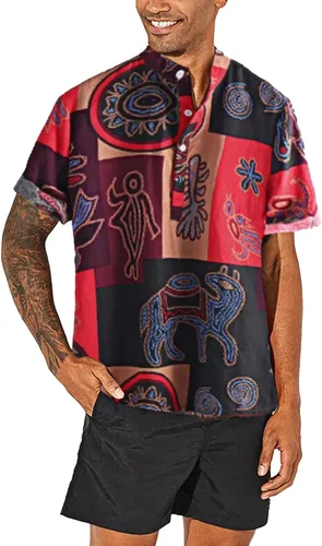 Vista 2 de Camisas de lino africano para hombre, estampado tradicional, manga corta, con botones, camisas hawaianas