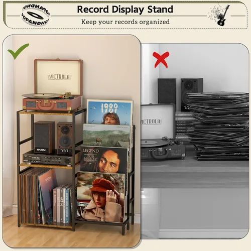 Vista 8 de Soporte para tocadiscos, mesa para tocadiscos con almacenamiento de vinilos de 4 niveles, almacenamiento para tocadiscos de hasta 200+ álbumes