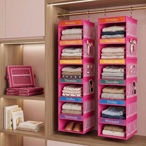 Vista 9 de Amylove Paquete de 2 organizadores semanales de ropa de 6 estantes para niños con bolsillo lateral, organizador de ropa para días de la semana de 47
