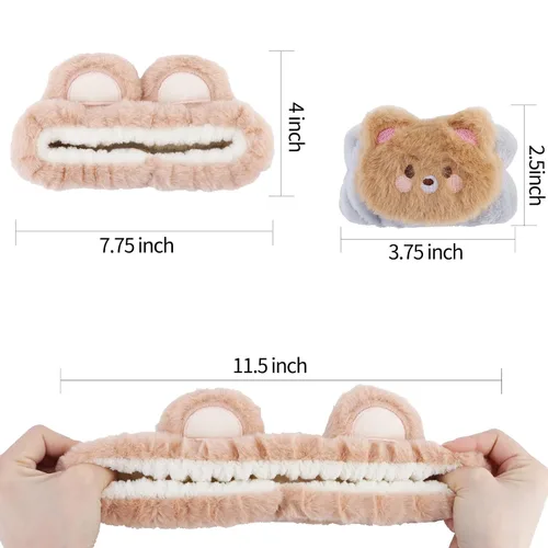 Vista 2 de WHAVEL Juego de 3 bandas para el cabello, diadema de spa y pulsera con lindas orejas de oso, bandas de lavado facial para mujeres y niñas (café 01)