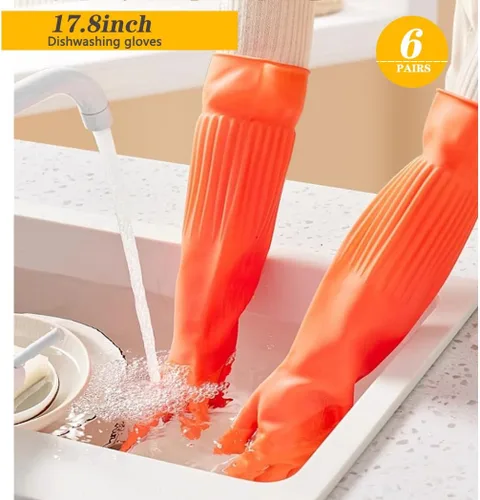 Vista 2 de 6 pares de guantes de goma reutilizables impermeables de 17.8 pulgadas de longitud hasta el codo para limpieza del hogar y lavado de platos de cocina