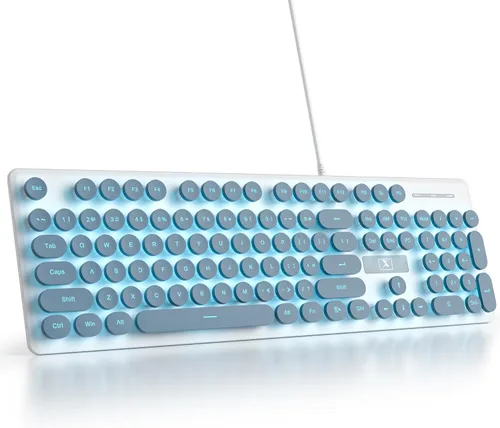 Vista 14 de Teclado de máquina de escribir retro con cable, teclado silencioso de computadora iluminado con 104 teclas redondas de tamaño completo, Azul