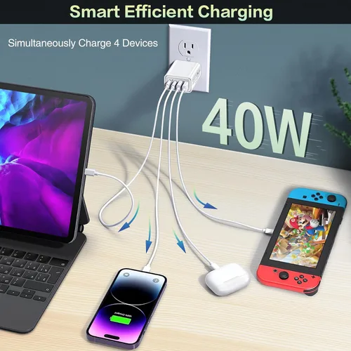 Vista 2 de Bloque de cargador USB C, cargador de pared USB C de 40 W, 4 puertos, paquete de 2 bloques de carga rápida, adaptador de corriente PD de doble