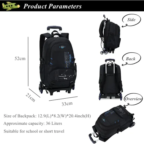 Vista 3 de Mochila con ruedas para adolescentes y niñas, mochila con ruedas para la escuela con seis ruedas, A-azul, M