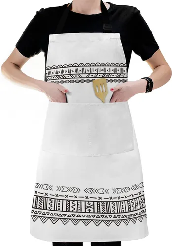 Vista 6 de Waterproof Apron with 2 Pockets, Boho Style Black White Geometric Pattern Adjustable Man and Women Kitchen Bib Apron for Baking Cooking Restaurant