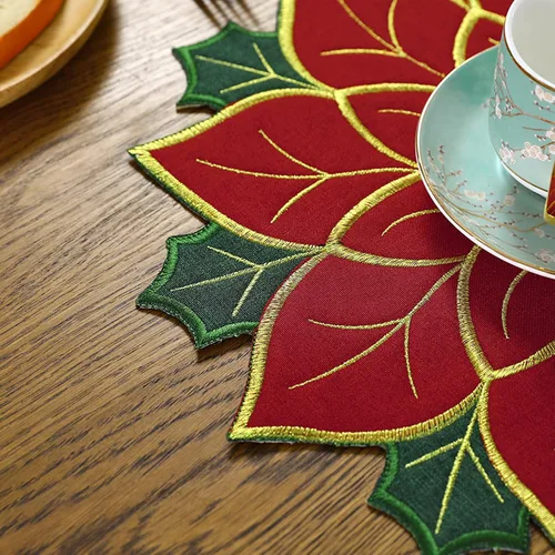 Vista 8 de Juego de manteles individuales de Navidad de 16 pulgadas, manteles individuales de flor de pascua con bordados y hojas verdes, manteles individuales