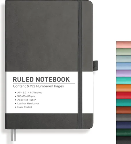 Vista 21 de RETTACY Cuaderno de diario con puntos y viñetas, 192 páginas, tamaño mediano A5 (5.7" x 8.3"), tapa dura de cuero, papel grueso de 100 gsm