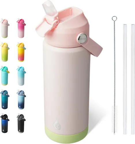 Vista 50 de BJPKPK - Botella de agua aislada con tapa de popote, 532 ml Botellas termo con boquilla suave, asa flexible y base antideslizante, libre de BPA, a