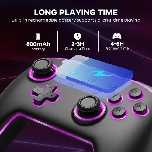 Vista 6 de D.Gruoiza Colorful LED Switch Pro Controllers for SwitchLiteOLED, Wireless Switch Controller with Adjustable Vibration,Turbo,6-Axis Gyro (Black LED)